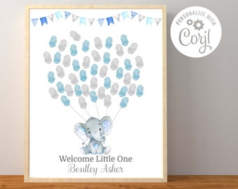 Thumbprint Baby Shower Guest Sign, Corjl Editable Template, Elephant Guest Book Sign, Blue Elephant Baby Shower, Instant Download Printable