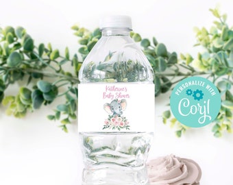May include: Water bottle label with a pink and gray elephant illustration and the text "Katherine's Baby Shower". The label also includes a blue circle with the text "Personalize with Corjl!"