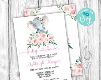 Elephant Baby Shower Invitation, Floral Elephant Invitation, Editable Invitation, Corjl Editable Template, Pink, Instant Download Printable