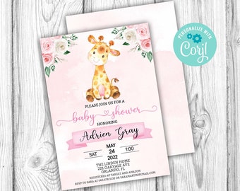 Giraffe Baby Shower Invitation, Pink Floral Giraffe Invitation, Editable Invitation, Corjl Editable Template, Instant Download Printable
