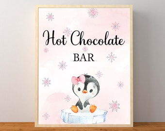 May include: A pink and white printable sign featuring a cute cartoon penguin wearing a pink bow. The sign reads "Hot Chocolate Bar" and is decorated with snowflakes.