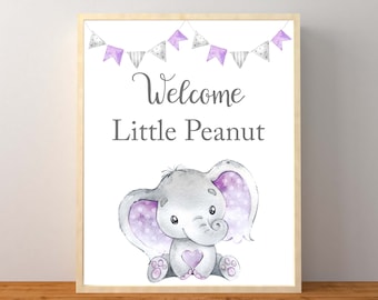 Purple Elephant Welcome Little Peanut Baby Shower Table Sign, Lavender Girl Elephant Baby Shower Decorations, Instant Download Printable