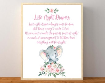 Elephant Late Night Diapers, Late Night Diapers, Pink Elephant Baby Shower, Late Night Diapers Sign, Pink, Girl, Instant Download Printable