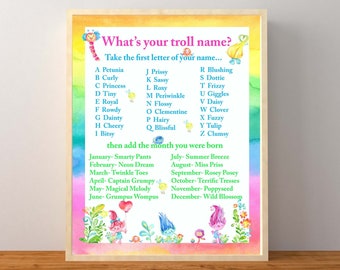 Troll Party, Troll Name Game, What's Your Troll Name, Troll Sign, Troll Birthday Party, Troll Printable, Instant Download, Printable