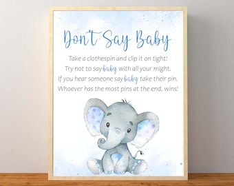 Elephant Don't Say Baby Game, Blue Elephant Baby Shower Game, Clothespin Game, Blue Boy Don't Say Baby Sign, Instant Download Printable