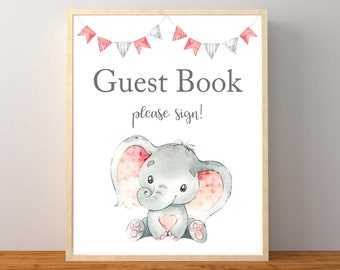 Guest Book Sign, Elephant Guest Book Sign, Pink Elephant Baby Shower, Baby Elephant Guest Book, Pink Baby Shower, Instant Download Printable