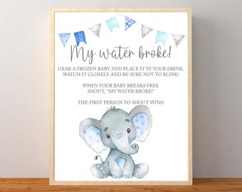 Blue Elephant My Water Broke Game, Blue Elephant Baby Shower Games, Boy Elephant Decorations, Melting Ice Game, Instant Download Printable