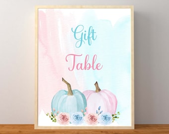 Floral Pumpkin Gender Reveal Gift Table Sign, Twin Boy and Girl Baby Shower Decorations, Boy and Girl Twins, Instant Download Printable