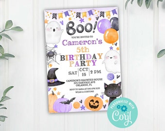 May include: Purple and orange Halloween birthday party invitation with a ghost, a spider, a witch's hat, a black cat, and pumpkins. The text reads "Boo! You're invited to Cameron's 5th Birthday Party. Sat Oct 16 2 PM. Cameron's Haunted House 221 Oakvale Ave Orlando, FL. RSVP to Sara at 540.678.3133. Wear a costume. Personalize with Coril."