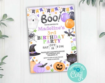 May include: A Halloween-themed birthday party invitation with the word "Boo!" in large black letters. The invitation features a ghost, spider, witch hat, pumpkins, and a black cat. The text reads "Madeline's 3rd Birthday Party" with the date, time, and location.