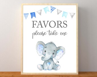 Elephant Favors Sign, Blue Elephant Baby Shower Decorations, Elephant Baby Shower Favor Sign, Boy Baby Shower, Instant Download Printable