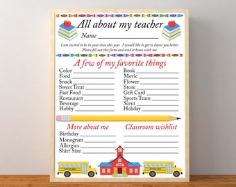 Teacher Favorites Survey, All About My Teacher, All About My Teacher Questionnaire, Back to School Questions, Instant Download Printable