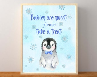 Babies Are Sweet Please Take a Treat, Penguin Favors Sign, Blue Penguin Baby Shower, Snowflake Baby Shower, Instant Download Printable