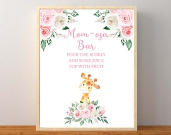 May include: A framed sign with a light wood border. The sign features the text "Mom-osa Bar" in pink script, with instructions below. A watercolor giraffe illustration is at the bottom, surrounded by pink and white flowers.