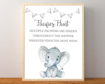 Elephant Pacifier Hunt Game, Pacifier Hunt Sign, Gary Elephant Baby Shower, Gender Neutral Baby Shower, Instant Download Printable