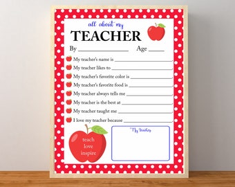 All About My Teacher Kids Questionnaire, Teacher Keepsake, Teacher Appreciation Week, Teacher Sentimental Gift, Instant Download Printable