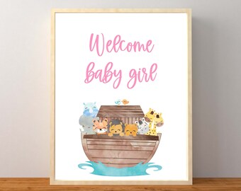 Cartello di benvenuto per bambina dell'Arca di Noè, Baby Shower dell'Arca di Noè, Baby Shower per bambina dell'Arca di Noè, Benvenuto bambino, Decorazioni dell'Arca di Noè, Stampabile all'istante