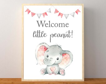 Rosa elefant välkomstskylt liten jordnöt, flicka elefant välkomstskylt baby, rosa elefant babyshowerdekorationer, direkt nedladdning utskrivbar
