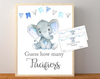 Elefante blu indovina quanti ciucci gioco baby shower con carte, decorazioni baby shower elefante blu per bambini, download immediato stampabile