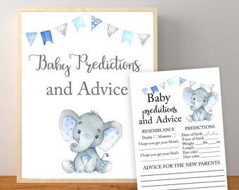 Babyförutsägelser och råd, elefantbebisförutsägelser, blå elefantbabyshower, elefantbebisförutsägelser och råd, utskrivbara