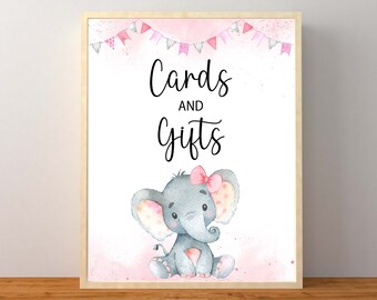 Pink Elephant Cards and Gifts Sign, Pink Elephant Baby Shower Decorations, Pink and Gray Gifts Tabletop Sign, Instant Download Printable