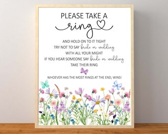 Boho Wildflower Bridal Shower Game - Don't Say Bride Or Wedding With 50 Fake Rings, Bridal Party Decorations