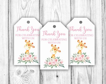 Giraffe Gift Tags, Pink Giraffe Baby Shower, Giraffe Baby Shower Favor Tags, Pink Floral Baby Shower Decorations, Instant Download Printable