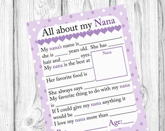 Todo sobre Nana, Nana imprimible, Todo sobre mi Nana, Regalo del día de la madre, Regalo de cumpleaños, Cuestionario para niños, Regalo para abuelos, Imprimible