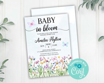May include: Baby shower invitation with the text "BABY in bloom" and the name "Amelia Hylton". The invitation features watercolor butterflies and a floral border with the date, time, and location.