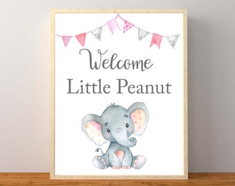 Welcome Little Peanut Sign, Welcome Baby Sign, Pink Elephant Baby Shower, Elephant Little Peanut sign, Girl Elephant Baby Shower, Printable