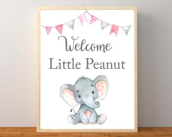 Welcome Little Peanut Sign, Welcome Baby Sign, Pink Elephant Baby Shower, Elephant Little Peanut sign, Girl Elephant Baby Shower, Printable