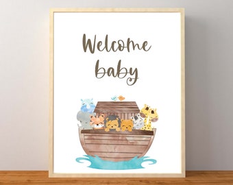 Cartello di benvenuto per neonati dell'Arca di Noè, Baby Shower dell'Arca di Noè, Baby Shower neutro per genere, Benvenuto bambino, Decorazioni per Baby Shower dell'Arca di Noè, Stampabili