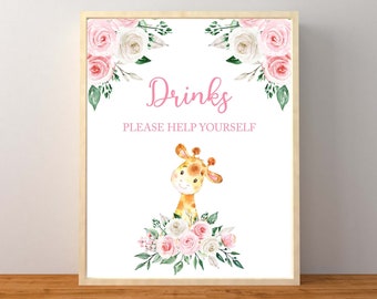 Giraffe Drinks sign, Floral Giraffe Baby Shower, Giraffe Food and Drinks Sign, Girl Baby Shower, Pink Giraffe Baby Shower, Instant Printable