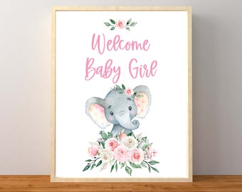 Välkommen babyflicka-skylt, elefantvälkommen babyskylt, flickaelefant babyshower, rosa elefant babyshower, blommig babyshower, utskrivbar