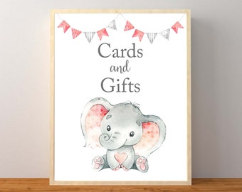 Pink Elephant Cards and Gifts Sign, Pink Elephant Baby Shower Decorations, Gifts Tabletop Signs, Pink and Gray, Instant Download Printable