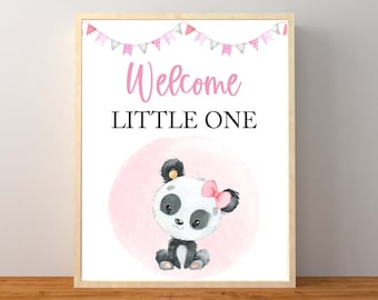Letrero de bienvenida para bebé con forma de panda rosa, letrero de bienvenida para bebé con forma de panda rosa, decoraciones para baby shower de niña con forma de oso panda rosa, descarga instantánea imprimible