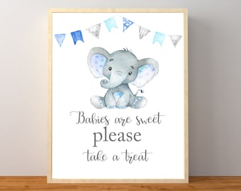 Elephant Favors Sign, Babies Are Sweet Please Take a Treat, Blue Elephant Baby Shower Decorations, Tabletop Sign, Instant Download Printable