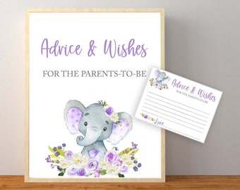 May include: A printable sign with a purple and gray elephant illustration and the text "Advice & Wishes for the Parents-to-Be".