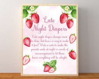 Strawberry Late Night Diapers Game, Late Night Diapers Sign, Strawberry Baby Shower Decorations, Strawberries, Instant Download Printable