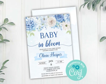 Blue Baby in Bloom Boy Baby Shower Invitation, Boy Blue Floral Invitation, Blue and White Wildflowers Boy Invite, Corjl Editable Template