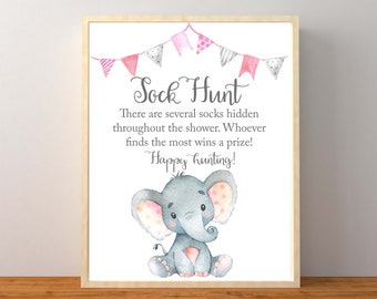 Pink Elephant Sock Hunt Game, Pink Elephant Baby Shower Decorations, Sock Baby Shower Game Tabletop Sign, Instant Download Printable