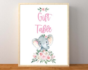 Gift Table Sign, Elephant Gift Table Sign, Girl Elephant Baby Shower, Floral Elephant, Pink Elephant Baby Shower, Instant Download Printable
