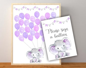 May include: A printable baby shower sign with a cute elephant holding a heart and purple balloons. The sign says "Please sign a balloon".