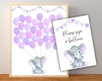 Guest Book Sign, Elephant Guest Book Sign, Purple Elephant Baby Shower, Elephant Balloon Sign, Lavender, Instant Download Printable