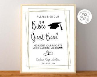 Custom Graduation Bible Guest Book Sign, Personalized Graduation Highlight Bible Verse and Sign, Corjl Editable Template, Printable Download