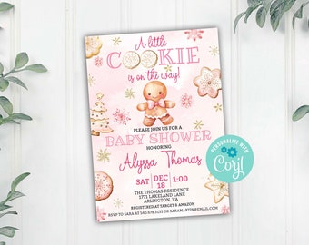 May include: Pink and gold baby shower invitation with a gingerbread cookie illustration and the text "A little COOKIE is on the way!"  The invitation is for Alyssa Thomas and includes the date, time, and location of the shower.  It also includes the text "PERSONALIZE WITH Corjl".