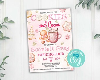 May include: Pink and gold invitation for a Cookies and Cocoa party to celebrate Scarlett Gray turning four. The invitation features a gingerbread person, a cup of hot cocoa, and cookies. The party is on Saturday, December 18th at 1:00 PM. The address is 1771 Lakeland Lane, Arlington, VA. RSVP to Sara at 540-678-3133 or saramarting@email.com.