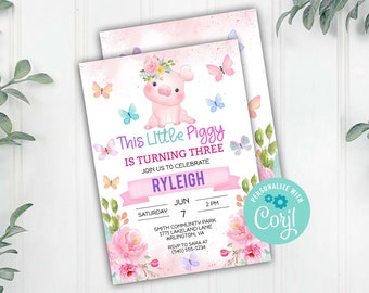 May include: Pink birthday invitation with a cartoon pig wearing a flower crown. The invitation says "This Little Piggy is Turning Three" and includes the name "Ryleigh", the date "June 7", the time "2 PM", and the location "Smith Community Park, 1771 Lakeland Lane, Arlington VA".
