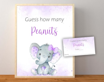 Lila Elefant errate, wie viele Erdnüsse Spiel, Lavendel Erdnuss-Baby-Dusche-Spiel, Elefant-Baby-Dusche-Dekorationen, Instant Download druckbare