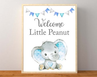 Welkom bordje kleine pinda, bord olifant welkom baby, Lil Peanut, babyshower jongen olifant, babyshower blauwe olifant, direct afdrukbaar